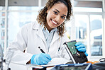 Black woman, lab and computer circuit for portrait in cyber crime investigation, analysis and IT solution. Information technology engineer, notebook and laboratory for programmer, writing and notes