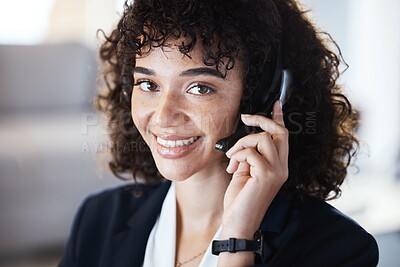 Buy stock photo Customer support consulting, face portrait or happy woman telemarketing on contact us call center. Receptionist telecom, ecommerce CRM or information technology consultant on microphone communication