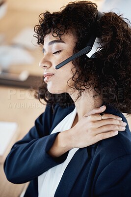 Buy stock photo Telemarketing, black woman and neck pain in call center, stress and customer service for tech support. Business, female consultant and agent with muscle strain, tired and overworked in modern office