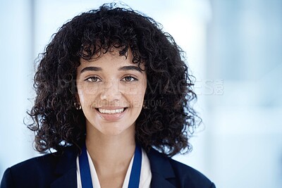 Buy stock photo Business woman, portrait and smile with success and professional mindset, corporate goals with vision. Face, happy in career and leadership mission with empowerment, mockup space and management 