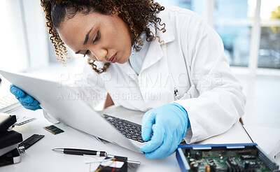 Buy stock photo Motherboard, woman technician and computer in lab for cyber crime investigation, analysis or IT solution. Information technology engineer, laptop or laboratory for programmer for circuit, cpu or data