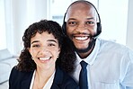 Selfie, portrait and call center consultants in the office  working on a crm consultation online. Happy, smile and interracial telemarketing colleagues taking a picture together in the workplace.