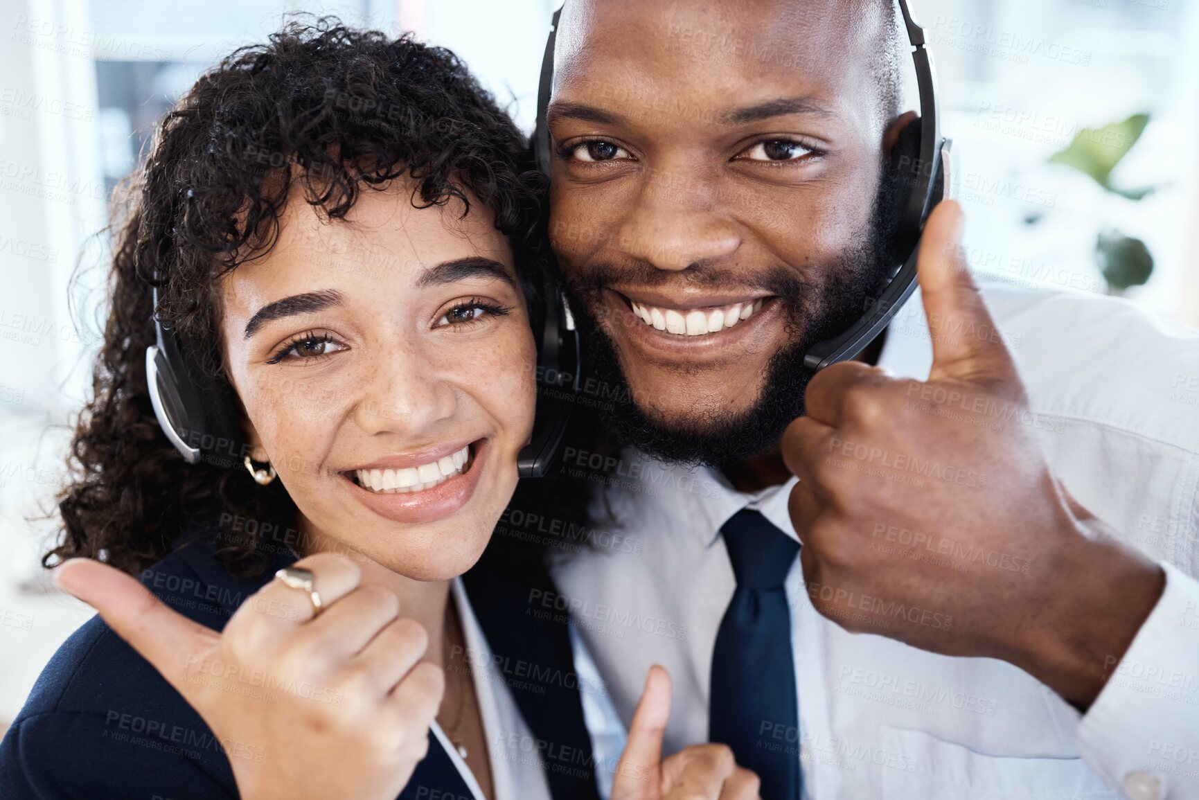 Buy stock photo Call center selfie, business people and thumbs up with smile for teamwork, motivation and success in crm job. Black man, woman and yes hand sign for social media, team building and consulting goals
