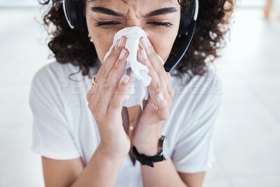 Buy stock photo Call center, customer support and woman blowing her nose with tissue for a cold, flu or covid. Sick, illness and female telemarketing consultant sneeze with allergies, hayfever or sinus in the office