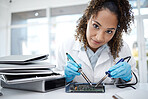 Computer hardware, soldering and portrait of black woman working on cpu, circuit and microchip. It maintenance, programming and face of female electrician fix coding, motherboard and processor