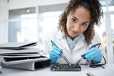 Buy stock photo Computer hardware, soldering and portrait of black woman working on cpu, circuit and microchip. It maintenance, programming and face of female electrician fix coding, motherboard and processor