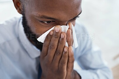 Black man, tissue and blowing nose in business for allergies, sickness and cold virus. Male employee, sick face and sneeze from flu, allergy and health symptoms of sinus, disease and medical risk