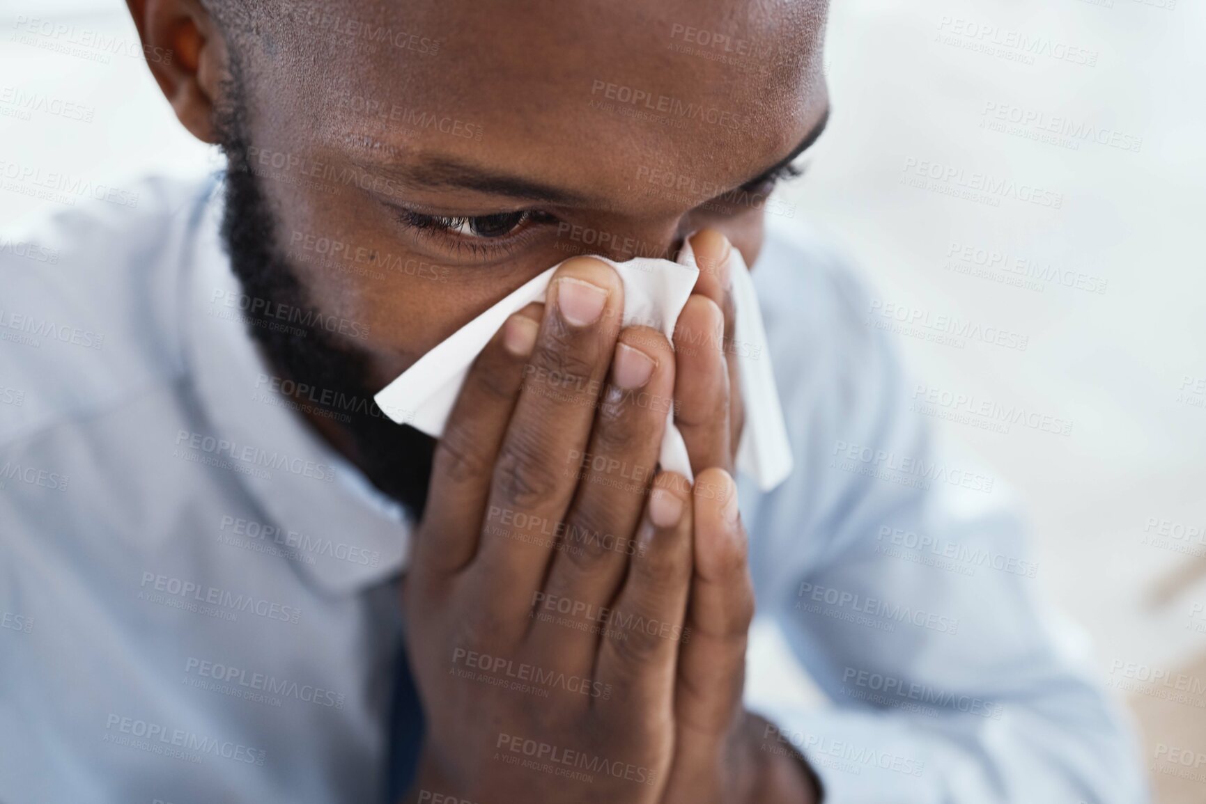 Buy stock photo Black man, tissue and blowing nose in business for allergies, sickness and cold virus. Male employee, sick face and sneeze from flu, allergy and health symptoms of sinus, disease and medical risk 