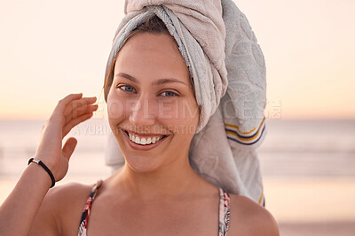 Buy stock photo Woman, portrait and towel on head at beach, summer vacation or tropical holiday in Australia. Face, happy female and relax at ocean with wet hair cloth, smile or freedom of happiness at travel resort