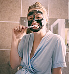 Brushing teeth, facial mask and portrait of a woman at night doing self care and wellness. Home treatment, bathroom and dental hygiene of a young person doing skincare and dermatology in a house