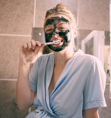 Buy stock photo Brushing teeth, facial mask and portrait of a woman at night doing self care and wellness. Home treatment, bathroom and dental hygiene of a young person doing skincare and dermatology in a house