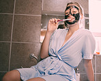 Brushing teeth, face mask and portrait of a woman at night doing self care and wellness. Home facial, bathroom and dental hygiene of a young person doing skincare, dermatology and cleaning in house