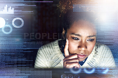 Buy stock photo Thinking, futuristic hologram and black woman on computer for online finance, fintech and data analysis. Digital transformation, software overlay and face of girl for financial analytics on 3d screen