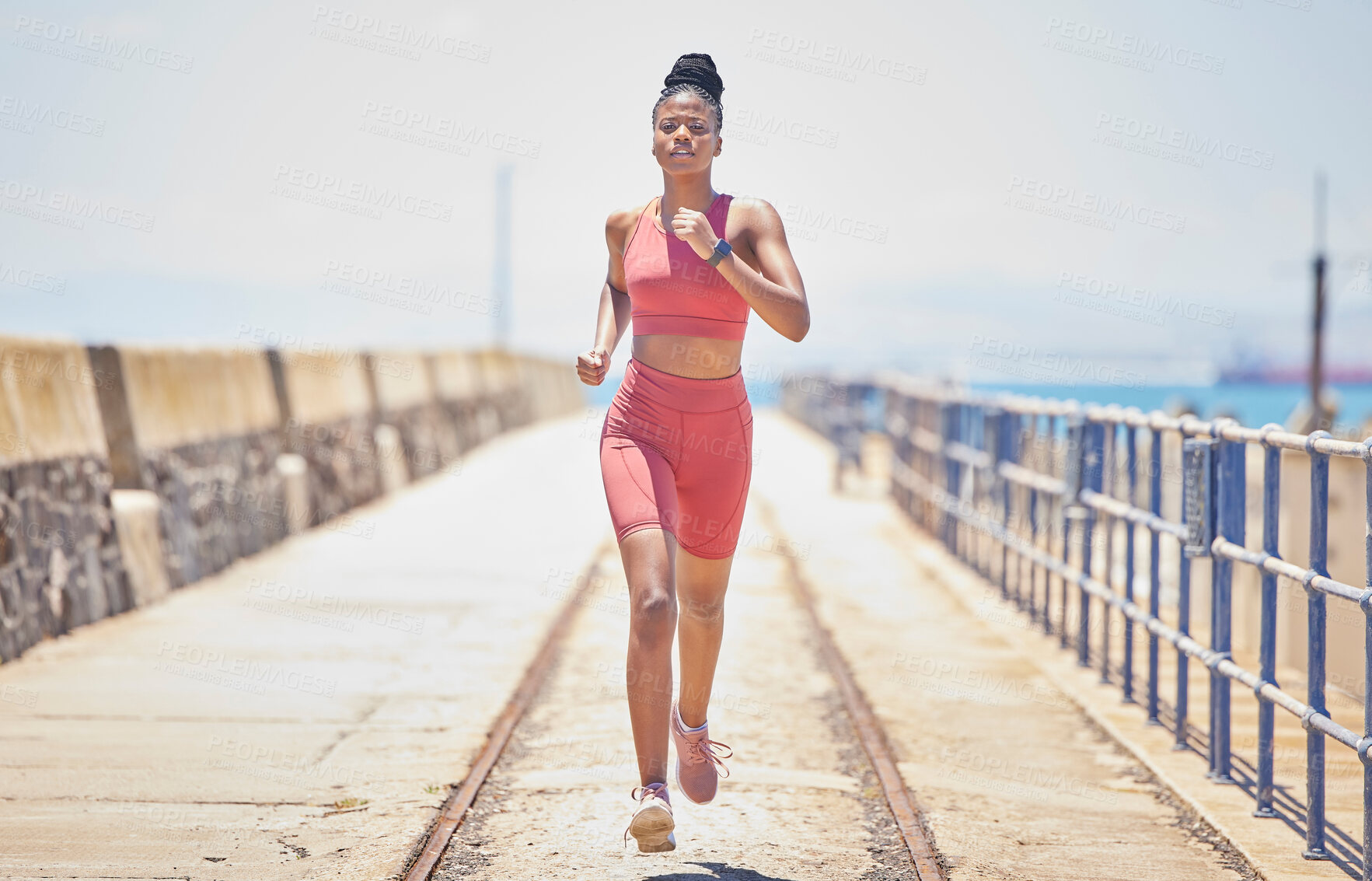 Buy stock photo Black woman, running and fitness with runner outdoor, athlete with cardio and speed with run on bridge. Runner, active and sports with workout, exercise and training for marathon or race with mockup