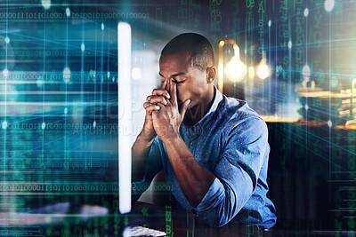 Buy stock photo Stress, headache and code overlay of a black man doing computer work for cybersecurity with stress. Coding designer glitch, it employee in a office with stress and anxiety from 404 problem design 