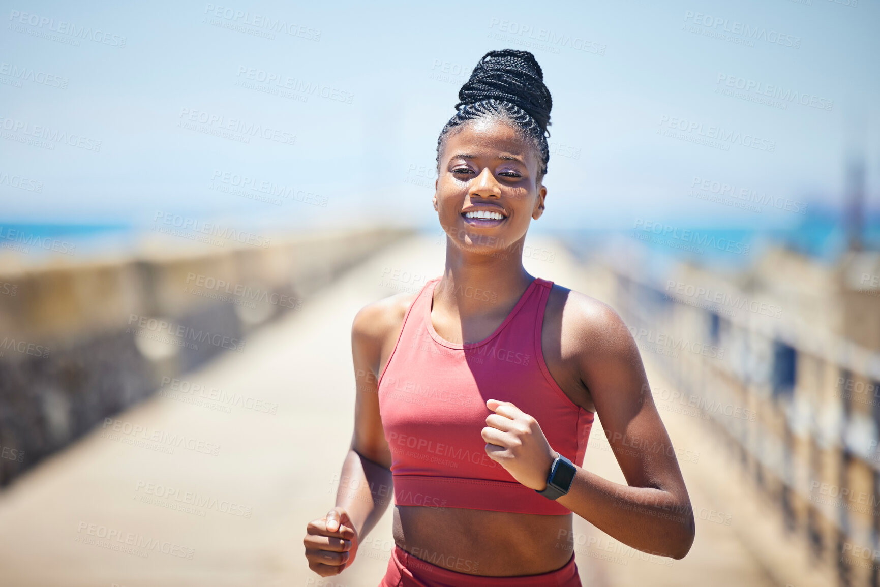 Buy stock photo Black woman, fitness and running with smile for workout, cardio exercise or training in the outdoors. Happy African American female runner smiling in run, exercising or marathon for healthy lifestyle