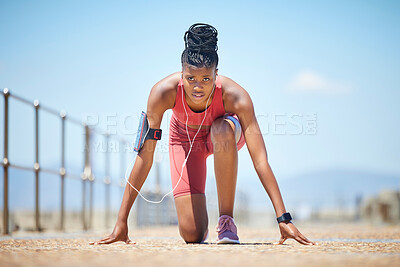 Buy stock photo Black woman, fitness and start for running exercise, workout or marathon training in nature. African American female competitive runner preparing for exercising run, sprint or race in the outdoors