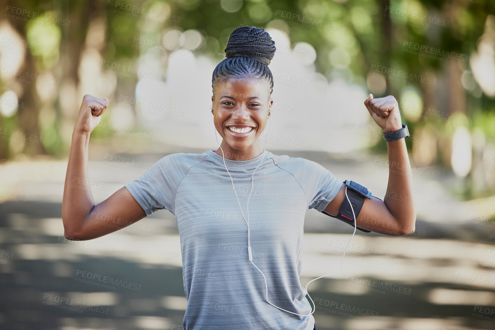 Buy stock photo Muscle flex, fitness and portrait of black woman in park show biceps for exercise goal, wellness and training. Sports health, motivation and happy girl for cardio workout, running and strong body