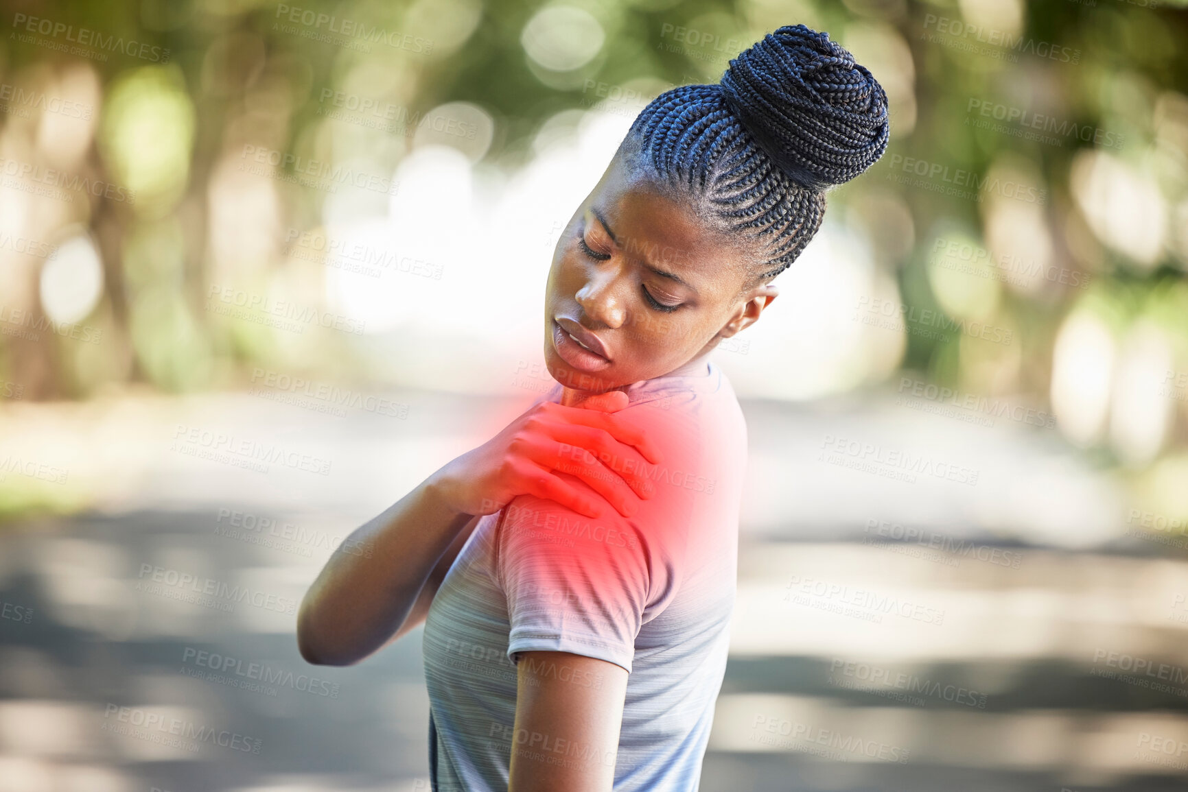 Buy stock photo Sports, health and woman with shoulder injury, pain or accident while running in a park. Fitness, workout and African female athlete with a medical emergency or sprain muscle after a cardio exercise.