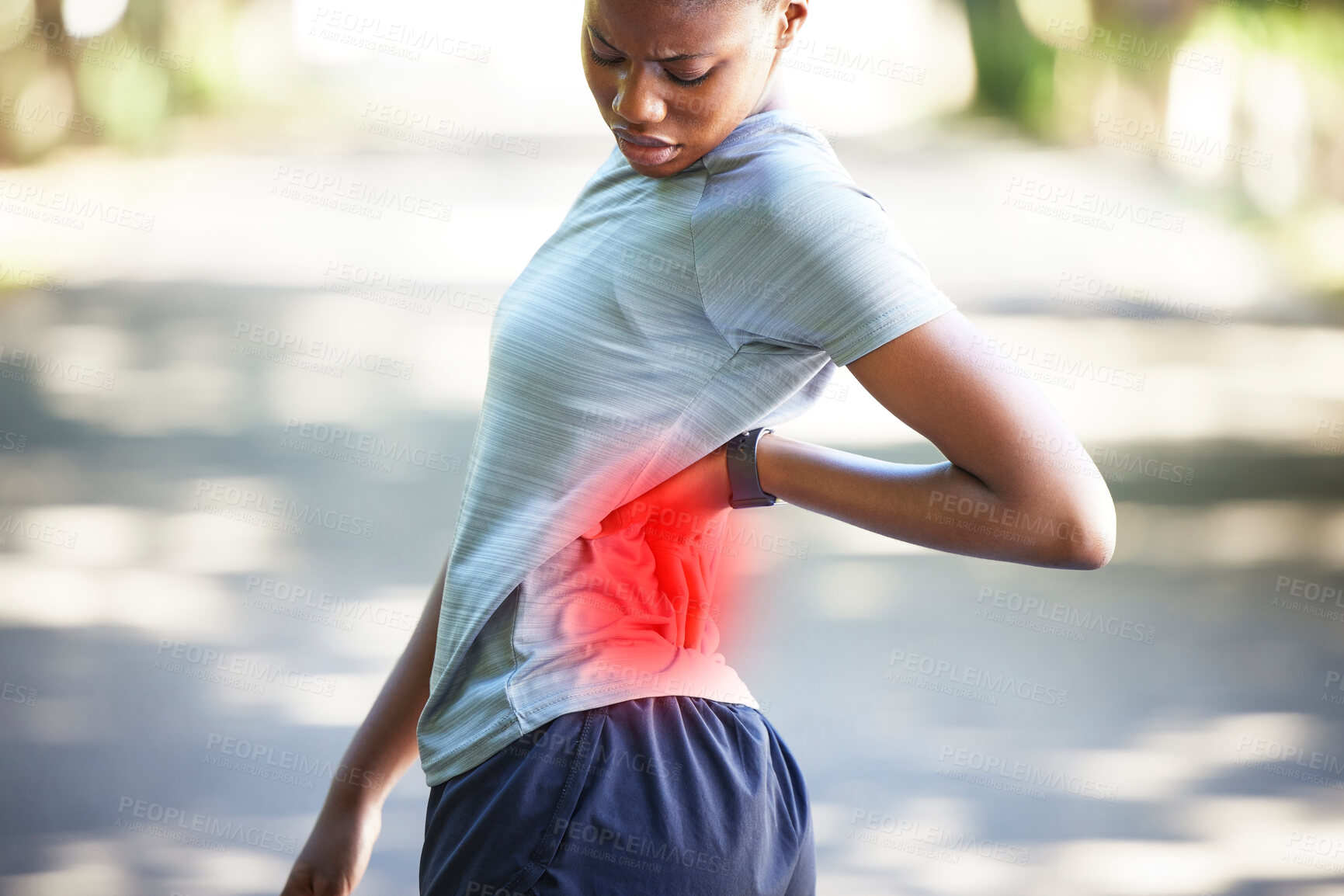 Buy stock photo Sports, fitness and black woman with back pain in park for exercise, running workout and marathon training. Health, x ray anatomy and girl athlete with muscle strain, joint ache and spine wellness