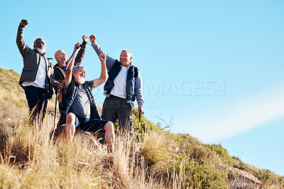 Buy stock photo Men, senior and hiking success in nature, celebration and victory, cheering and happy on blue sky background. Elderly, friends and man hiker group celebrating achievement, freedom and exercise goal