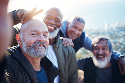 Buy stock photo Senior hiking, selfie and nature exercise of elderly men together with peace sign. Friends, trekking adventure and happiness of old people outdoor for health, wellness and fitness on a journey