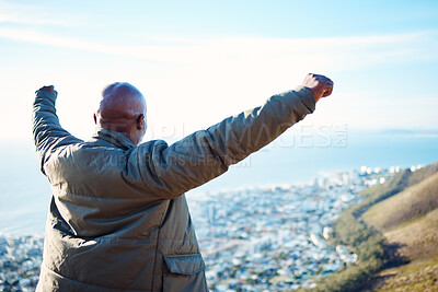 Buy stock photo Back, black man and open arms on mountain, hiking and excited for victory, achievement and exercise. African American male, athlete outdoor or guy in nature, gesture for celebration or fitness target