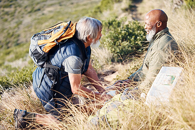 Buy stock photo First aid, knee pain and hiking with senior friends in nature for trekking, adventure and fitness. Help, bandage and medical with old men and injury on trail for backpacking, discovery and emergency
