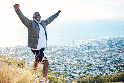 Buy stock photo Portrait, black man on mountain and excited with exercise, celebration and view for fitness, happiness and hiking. Face, African American male athlete and mature gentleman with smile and training 