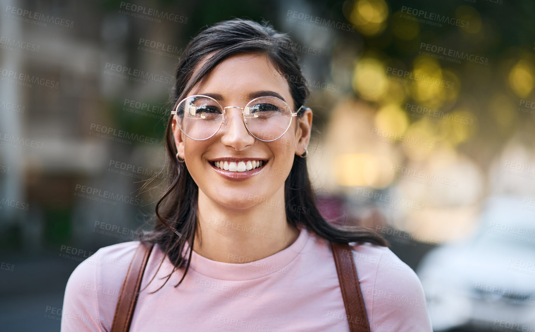 Buy stock photo Mockup, portrait and woman in a city for travel, holiday and vacation on blurred background. Face, girl and student traveller relax downtown for fun, break and explore urban street, smile and happy