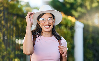 Buy stock photo Woman, portrait and park of a young person in London happy about nature, travel and freedom. Happiness, smile and laughing female with blurred background in a garden feeling relax and summer fun
