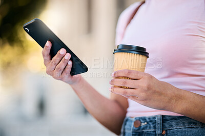 Buy stock photo Woman, phone and hands with coffee of a young person checking gps mobile data for travel. Networking, online communication and text of a traveler on cellphone with blurred background on web app