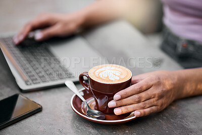 Buy stock photo Coffee cup, hands on laptop for remote work, career research ideas and inspiration with customer experience, Internet cafe, shop review and writer person on computer for blog post and latte drink
