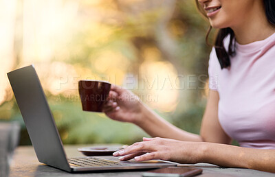 Buy stock photo Nature, hand search or woman with laptop on park in morning for social media, networking or reading comic blog. Smile, coffee or girl on 5g technology for freedom, web or internet news communication