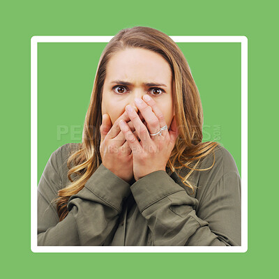 Buy stock photo Portrait, surprise and woman with graphic frame in a studio feeling shocked. Model, unexpected and female model face with omg expression gasping from surprising news in isolated green background