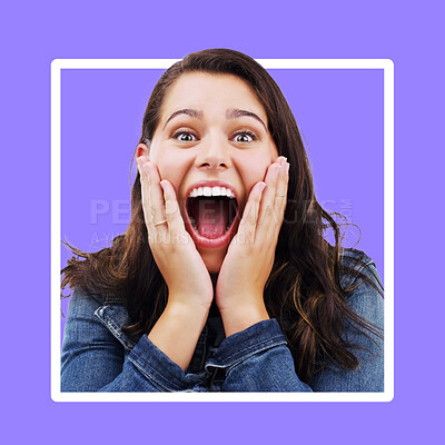 Buy stock photo Portrait, surprise and frame with a woman on a purple background in studio for wow, omg or wtf expression. Face, shock and announcement with an attractive young female feeling surprised at good news