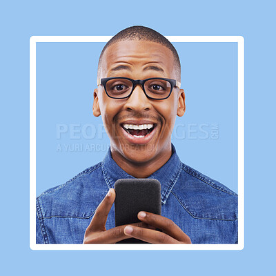 Buy stock photo Wow, portrait and man with news, social media or shocked on mockup, space or advertising on blue background, Face, emoji or omg by guy on app, website or reading announcement or text message isolated