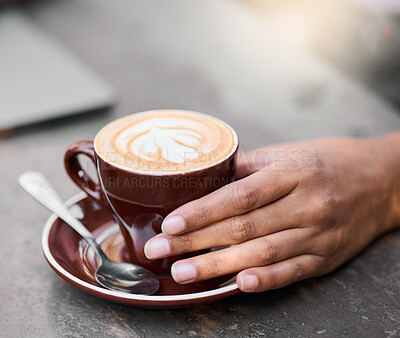 Buy stock photo Latte cup, hands on table with art for customer services, restaurant creativity and hospitality industry with inspiration. Cafe shop with person hand holding espresso, cappuccino or coffee drink