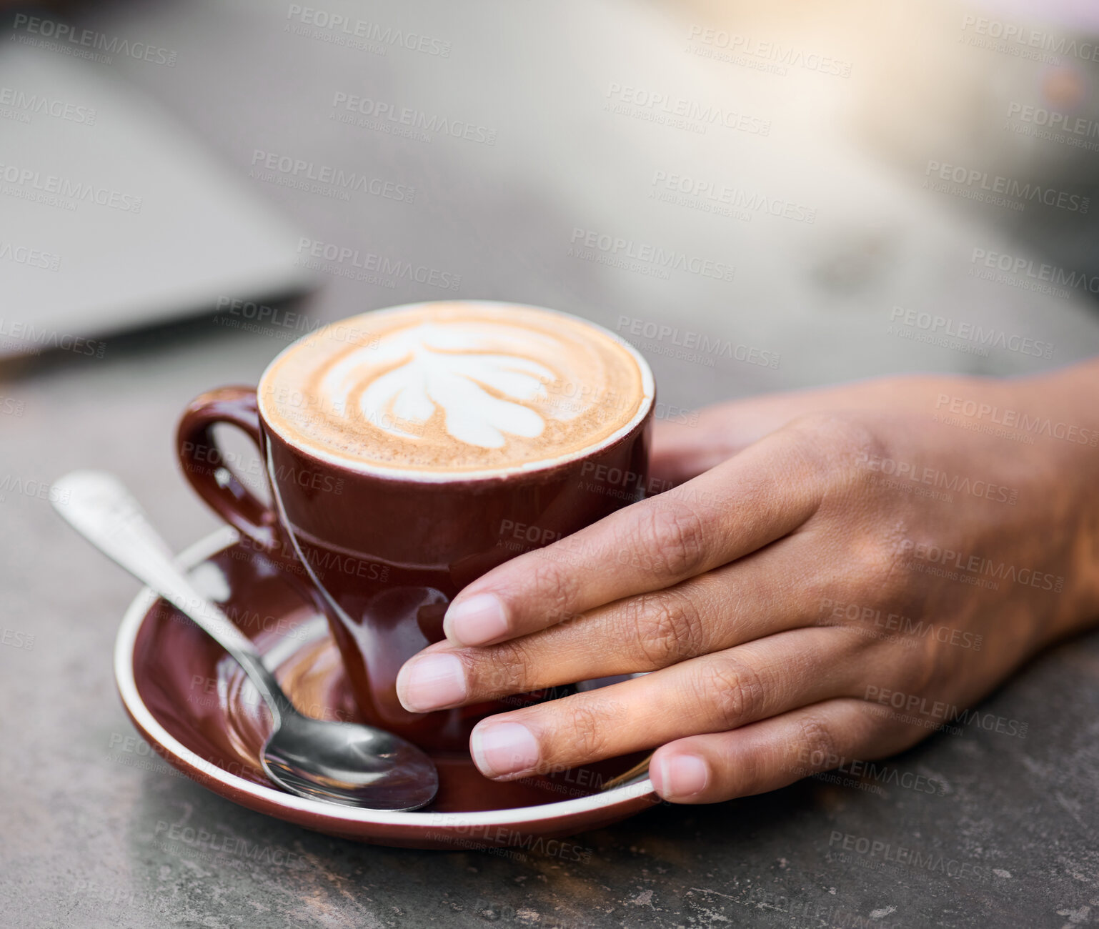 Buy stock photo Latte cup, hands on table with art for customer services, restaurant creativity and hospitality industry with inspiration. Cafe shop with person hand holding espresso, cappuccino or coffee drink