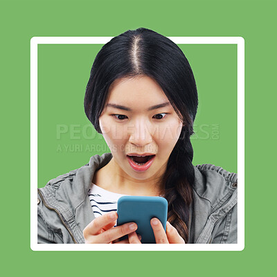 Buy stock photo Asian woman, wow and phone with frame border with green background looking at mobile text. Online communication, digital news and shocked face of a young person surprised on cellphone with wifi