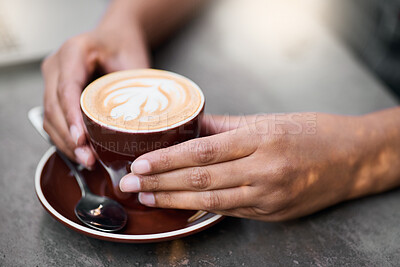 Buy stock photo Coffee cup, hands on table with art for customer services, restaurant creativity and hospitality industry with inspiration. Cafe shop with person hand holding espresso, cappuccino or latte drink