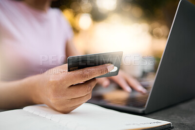 Buy stock photo Credit card, woman hands and finance data of a female checking savings, budget and bills. Financial payment, ecommerce and computer accounting info of a young person with a notebook for planning