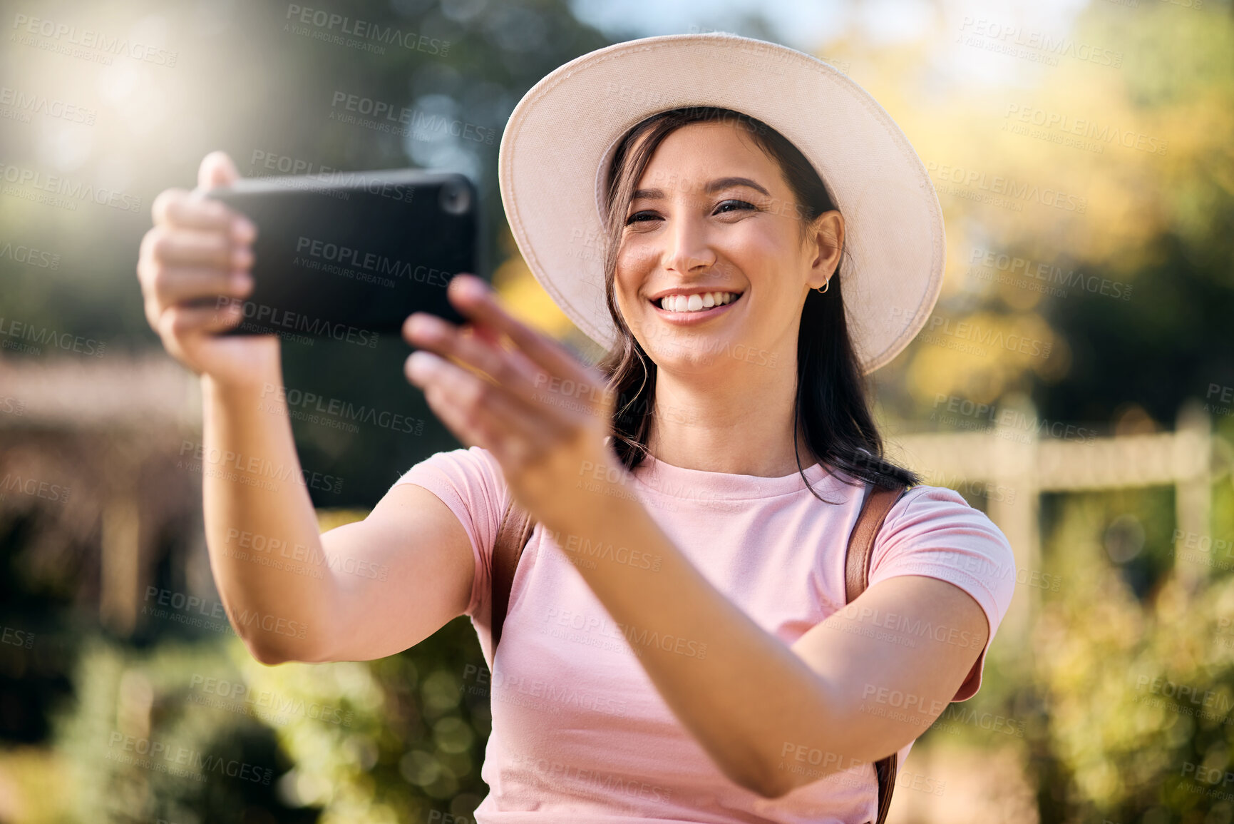 Buy stock photo Woman on holiday, smartphone and travel with selfie and adventure outdoor, happy and freedom in nature. Influencer with blog, content creation and phone photography, smile in picture and lifestyle