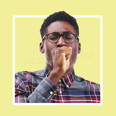 Buy stock photo Frame, black man and cough on studio background, infection and guy with illness, disease and virus. Medical, African American male and gentleman with asthma, cover mouth and cold with flu and health