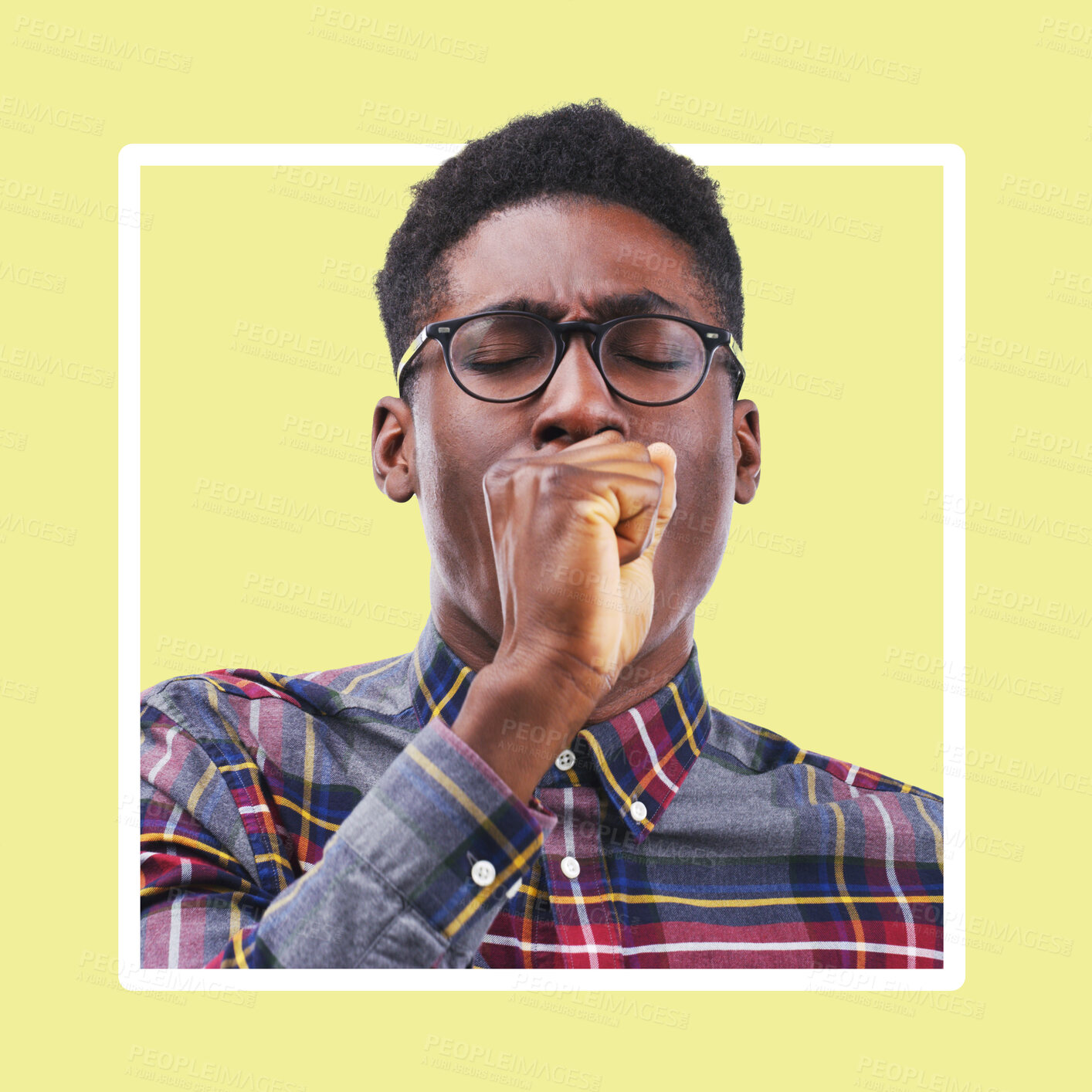 Buy stock photo Frame, black man and cough on studio background, infection and guy with illness, disease and virus. Medical, African American male and gentleman with asthma, cover mouth and cold with flu and health