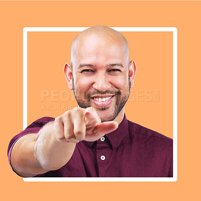 Buy stock photo Portrait, pointing and frame with a black man in studio on an orange background to choose an option. Face, point and border with a handsome male using his finger to make a selection or choice