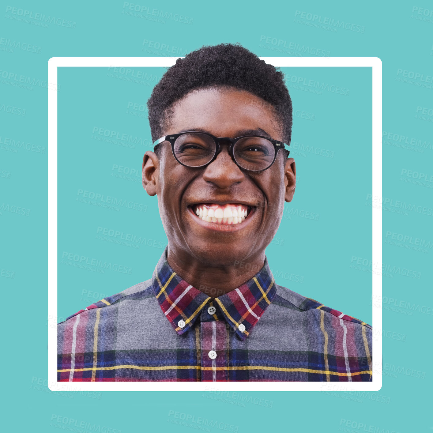 Buy stock photo Portrait, black man and excited smile in studio with glasses on color frame, border and background. Funny face, happy male model and nerd smiling with confidence, happiness and confident young geek