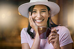 Portrait, coffee and woman relax at a cafe, smile and happy on against a blurred background. Face, tea and girl at a restaurant for break, chilling and off day leisure on the weekend with mockup