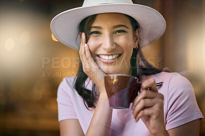 Buy stock photo Portrait, coffee and woman relax at a cafe, smile and happy on against a blurred background. Face, tea and girl at a restaurant for break, chilling and off day leisure on the weekend with mockup