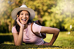 Woman, portrait and park activity of a young person happy about nature, travel and freedom. Happiness, smile and laughing female with blurred background in a garden feeling relax and summer fun